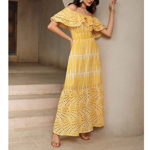 Boho Yellow Off Shoulder Eyelet Stretchy Waist Maxi Dress - Picture 5 of 5